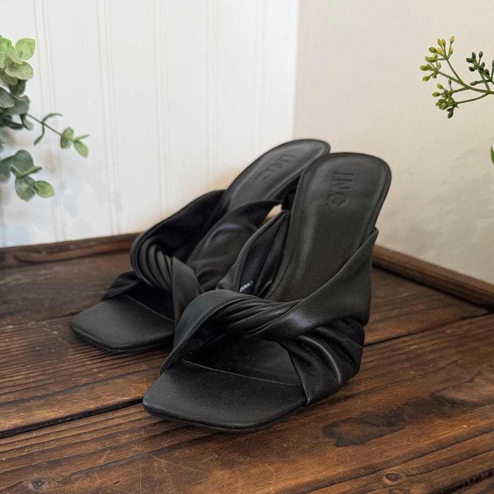 NWT INC Birana Black Ruched Slide Heeled Sandals